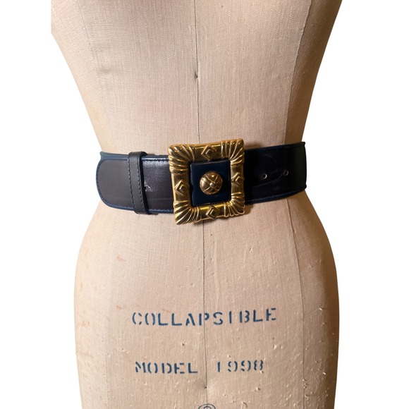 Escada Accessories - Escada Vintage Navy Blue Leather Wide Waist Belt Gold Ornate Buckle Italy 36
